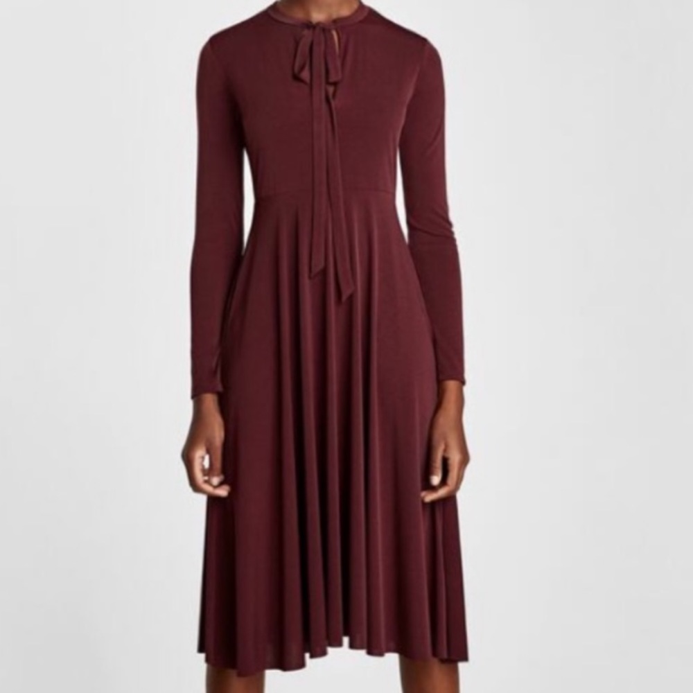 NWT ZARA W/B Oxblood Burgundy Pussybow Long Sleeve Midi Dress Fall & Winter! Sm